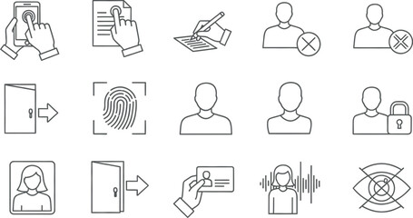 Fototapeta premium Access control, user identification and security outline icon set