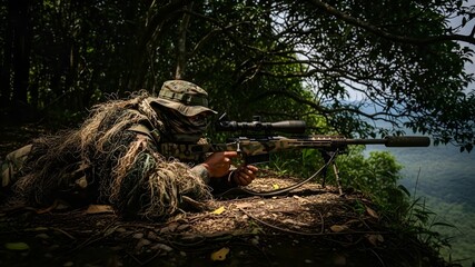 A soldier with his sniper rifle aiming in a jungle cliff edge.