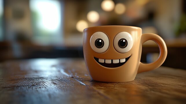 3D cartoon coffee cup with smiling face, large expressive eyes, and cheerful character design sitting on a colorful table surface