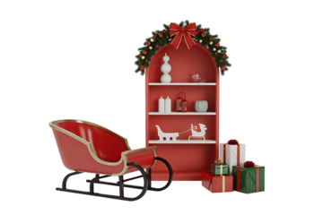 Festive christmas scene featuring a red sleigh, gifts, and decorated bookcase isolated on transparent background