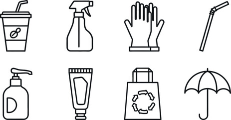 Everyday line icon set: cup, bottle, gloves, straw, soap, tube, bag, umbrella.