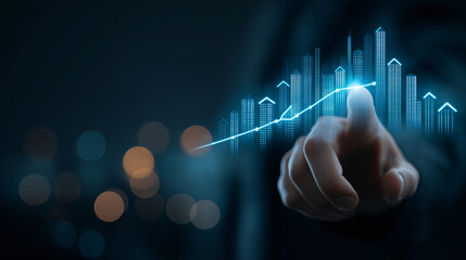 Futuristic real estate trading concept with business hand touching digital city skyline, glowing upward graph, modern investment, innovation, and technology in urban property market
