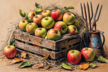 Sketch of a Wooden Box with Apples