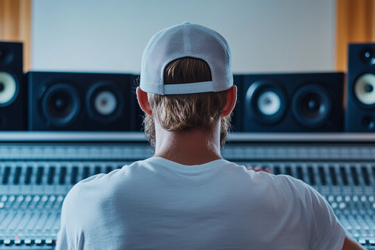 Music producer working in a studio with speakers in the background - Powered by Adobe