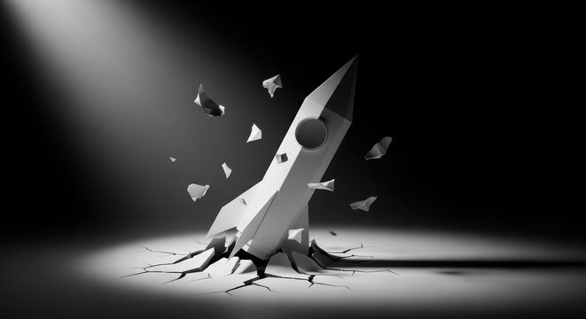 Ambition breakthrough impact momentum exhilaration tension rocket breaking through concrete floor beneath a dramatic spotlight evoking urgency and awe