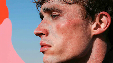 Extreme close up profile shot of runner face young male outdoor sunlight blue sky focused determined athletic healthy skin natural light emotional expression