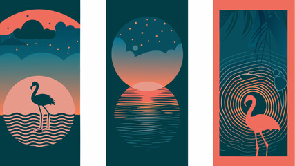Tranquil flamingo scenes evoke a serene, tropical mood, perfect for summer designs and vacation vibes, originally a scalable graphic ideal for print