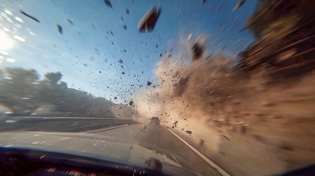 Wide angle dashcam footage captures dramatic car accident on highway with flying debris, dust cloud, and intense motion blur under clear sky