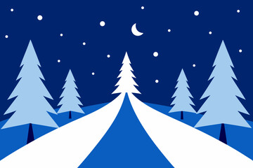 Naklejka premium Winter night scene with trees moon and snow in flat style