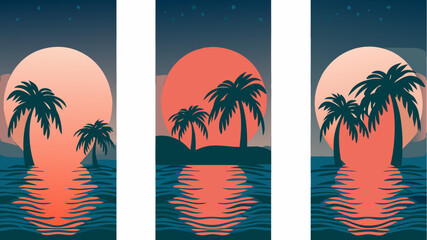 Tropical sunset with palm trees reflected in calm ocean waters, perfect for vacation vibes, island escapes, and tranquil summer designs, originally vector graphics