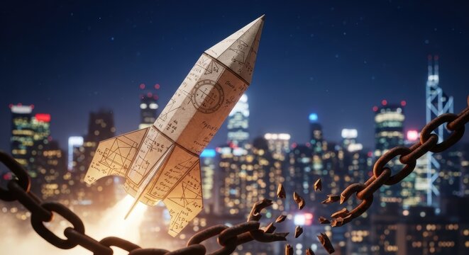 Rocket chain city skyline paper map A folded paper map rocket to launch through a broken chain over an urban skyline at night evoking determination and hopeful momentum