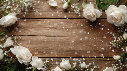 Elegant arrangement of white roses adorns rustic wooden table. Soft petals and vibrant blooms contrast earthy tones. Overhead view captures tranquil beauty. Neural network AI generated