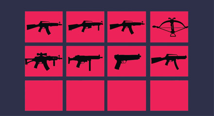 Grid of weapon silhouettes against red squares on a dark blue background pattern design style
