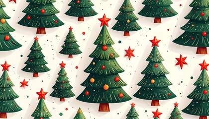 Whimsical Christmas Tree Pattern with Red Ornaments and Stars.
