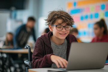 Boy focused on laptop while learning in a classroom setting