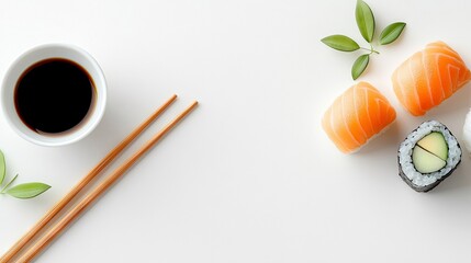 Overhead shot of sushi rolls, soy sauce, and chopsticks arranged on a white surface. Includes salmon nigiri and a maki roll.