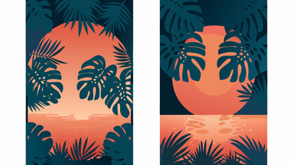 Tropical sunset paradise with lush palm trees and serene waters, perfect for vacation vibes and summer getaways, originally a vector graphic