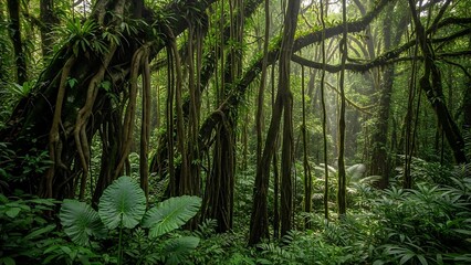 Fototapeta premium Ethereal Sunbeams in Lush Tropical Rainforest Majestic Strangler Fig with Dramatic Aerial Roots and Giant Leaves.