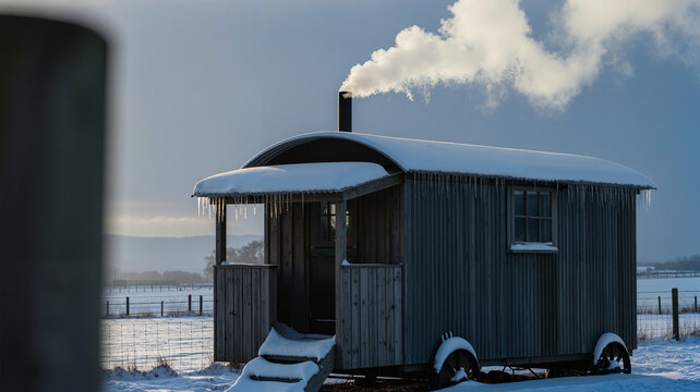 Wooden cabin with smoke rising from chimney in snowy landscape  