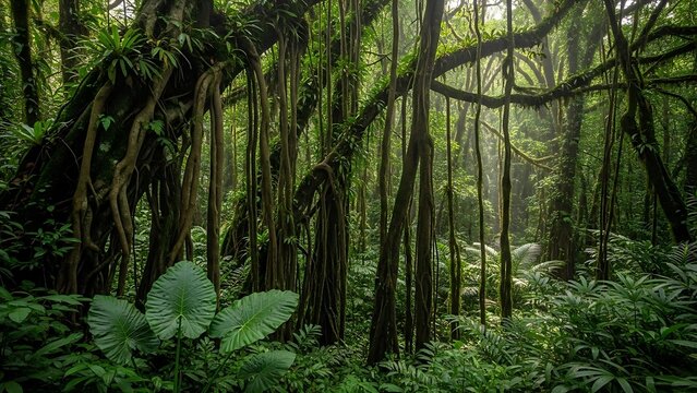 Ethereal Sunbeams in Lush Tropical Rainforest Majestic Strangler Fig with Dramatic Aerial Roots and Giant Leaves.