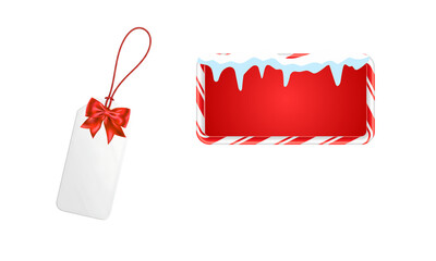 PNG image of Festive christmas tag with a red bow and a candy cane border sign with snow for holiday greetings and promotions perfect for seasonal marketing use on transparent background