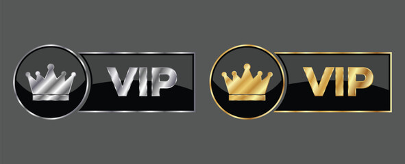 Premium Silver and Gold VIP Rectangle Badge Set with Glossy Metallic Crown Icon and Luxury Frame Design Vector