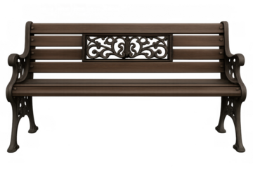 Classic park bench with dark wood slats and ornate metal armrests, offering a place for relaxation and contemplation