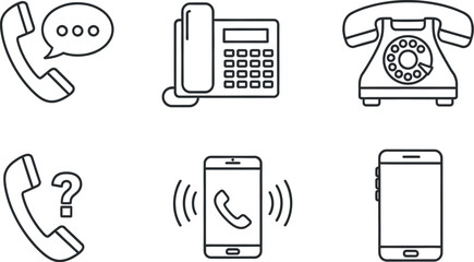 Communication telephone line art icons set, mobile, vintage, modern