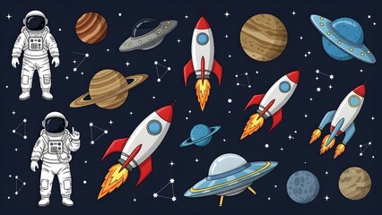 Space-themed vector set with astronauts, rockets, planets, UFOs