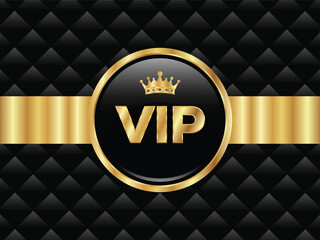 Luxury Black and Gold VIP Round Badge Design with Crown Symbol and Metallic Golden Ribbon Vector