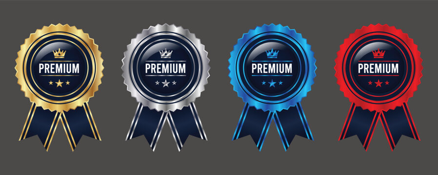 Premium Multicolor Award Badge Set in Gold, Silver, Blue, and Red with Glossy Crown Design and Ribbon Decoration Vector - Powered by Adobe