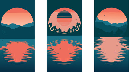 Tranquil sunset reflecting over calm waters, mountains and trees creating a serene nature scene, ideal for travel, relaxation, and outdoor adventures themes