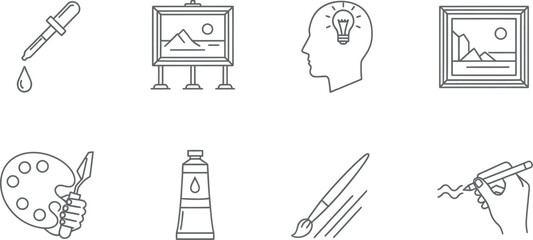 Artistic inspiration, painting, drawing, and creative outline icons.
