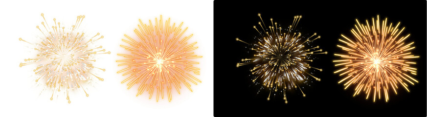 PNG image of Four vibrant fireworks explode against a dark night sky illuminating the scene with golden light perfect for celebrations and festive occasions on transparent background