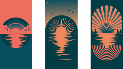 Three stunning sunset scenes reflected on water, perfect for creating a serene and peaceful atmosphere, originally a vector graphic
