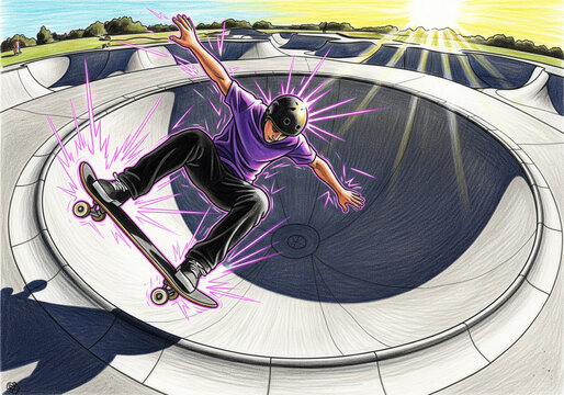 Energetic Young Man Skating Aggressively In A Bowl Against A Sunny Skatepark Background