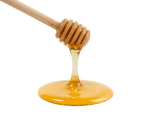 Golden honey dripping from wooden dipper, forming a sweet puddle.