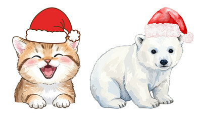 PNG image of Festive watercolor illustration featuring a cheerful kitten and a polar bear both wearing santa hats for holiday greetings and seasonal designs on transparent background