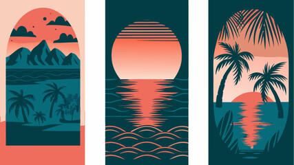 Stunning tropical island sunset art collection with palm trees and ocean views, perfect for travel ads and summer promotions, originally created as scalable vector graphics