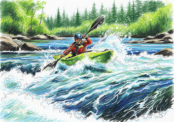 Illustration of a confident kayaker paddling an active green kayak down dangerous rapids against a summer forest backdrop
