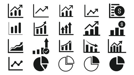Growth bar chart, Growing graph icon set. Arrow growing pointing up on chart graph bars icon, success graph trending upwards flat design. Down or up arrow and pie chart.