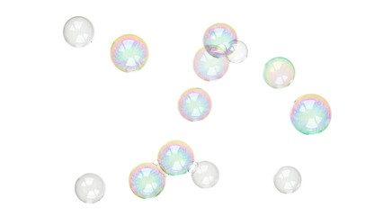 Isolated floating soap bubbles against a clean canvas of empty space, shimmering and transparent