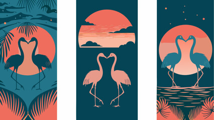Elegant flamingo silhouettes in tropical sunsets, perfect for summer vibes, vacation promotions, or trendy designs with a touch of exotic romance and modern aesthetic