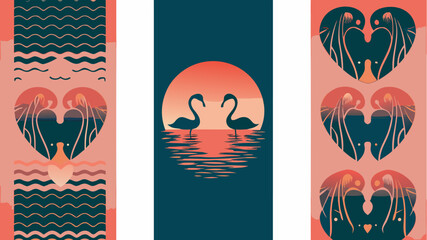 Romantic swans silhouette at sunset reflecting on water in artistic design, perfect for love themed projects and elegant backgrounds with vector origins