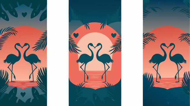 Romantic flamingo silhouettes form heart shapes against tropical sunset, perfect for Valentine's Day designs and tropical love themes with nature