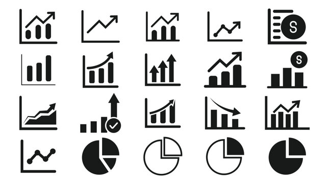 Growth bar chart, Growing graph icon set. Arrow growing pointing up on chart graph bars icon, success graph trending upwards flat design. Down or up arrow and pie chart.