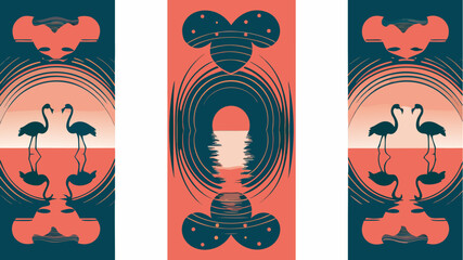 Stunning sunset scene with flamingo silhouettes reflected in water, a perfect tropical getaway visualized with a modern artistic touch, calming and serene