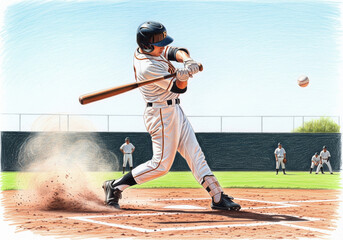 Baseball player hitting ball in action with dust cloud against outdoor field backdrop