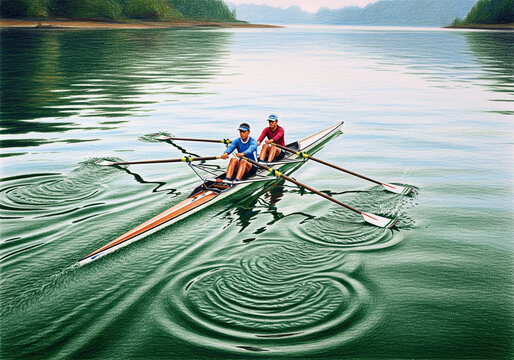 Competitive rowers in sculling boat creating ripples on serene mountain lake backdrop - Powered by Adobe