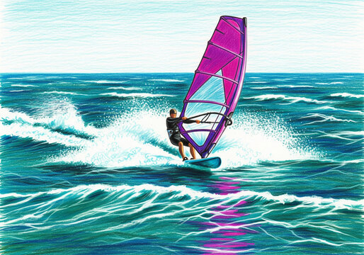 Windsurfer riding turquoise ocean wave with purple sail against choppy sea background